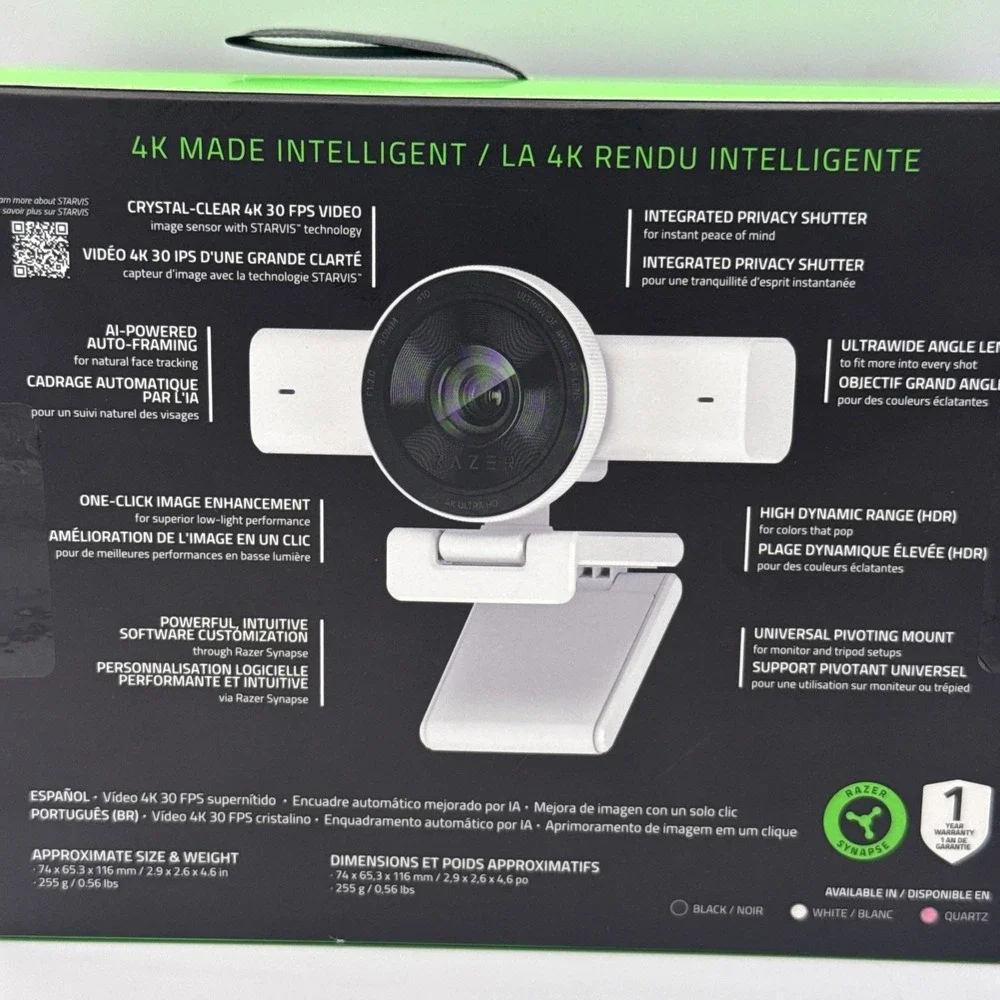 Razer Kiyo V2 Streaming Webcam: 4K 30 FPS, 1080p 60 FPS - AI Powered in White